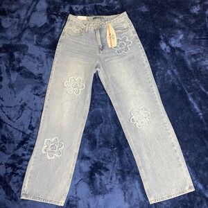 Cali 1850 Womens Light Wash Wide Leg Jeans Daisy Flower Patch Distressed Size 9